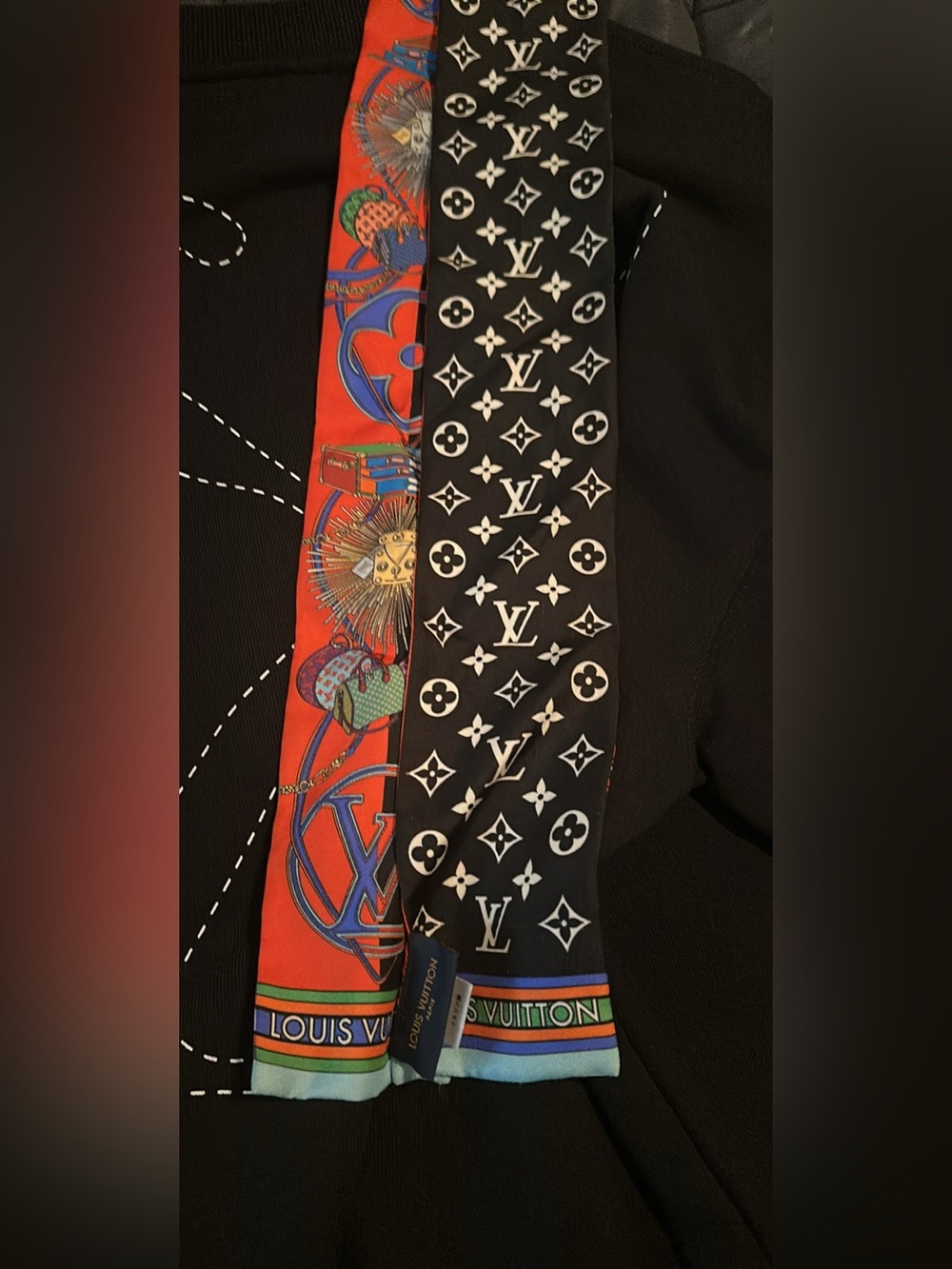 Louis Vuitton Black & Red Monogram Silk Twilly with Multicolor Border